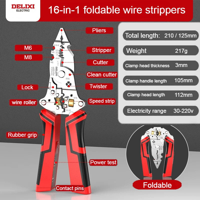 DELIXI 16-in-1 Folding Wire Stripper & Electrical Multi-Tool